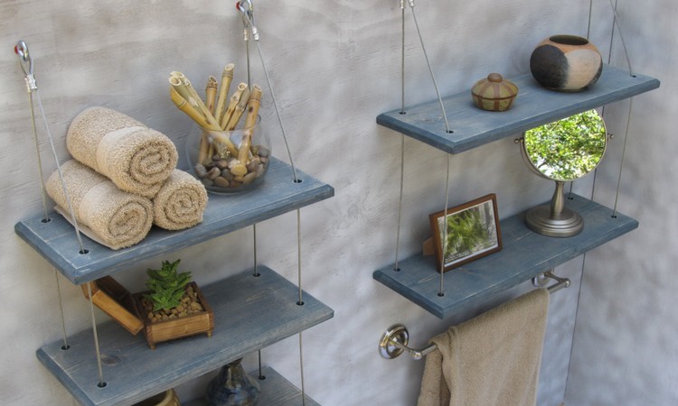Wooden Slab Bathroom Shelf With Industrial Pipe